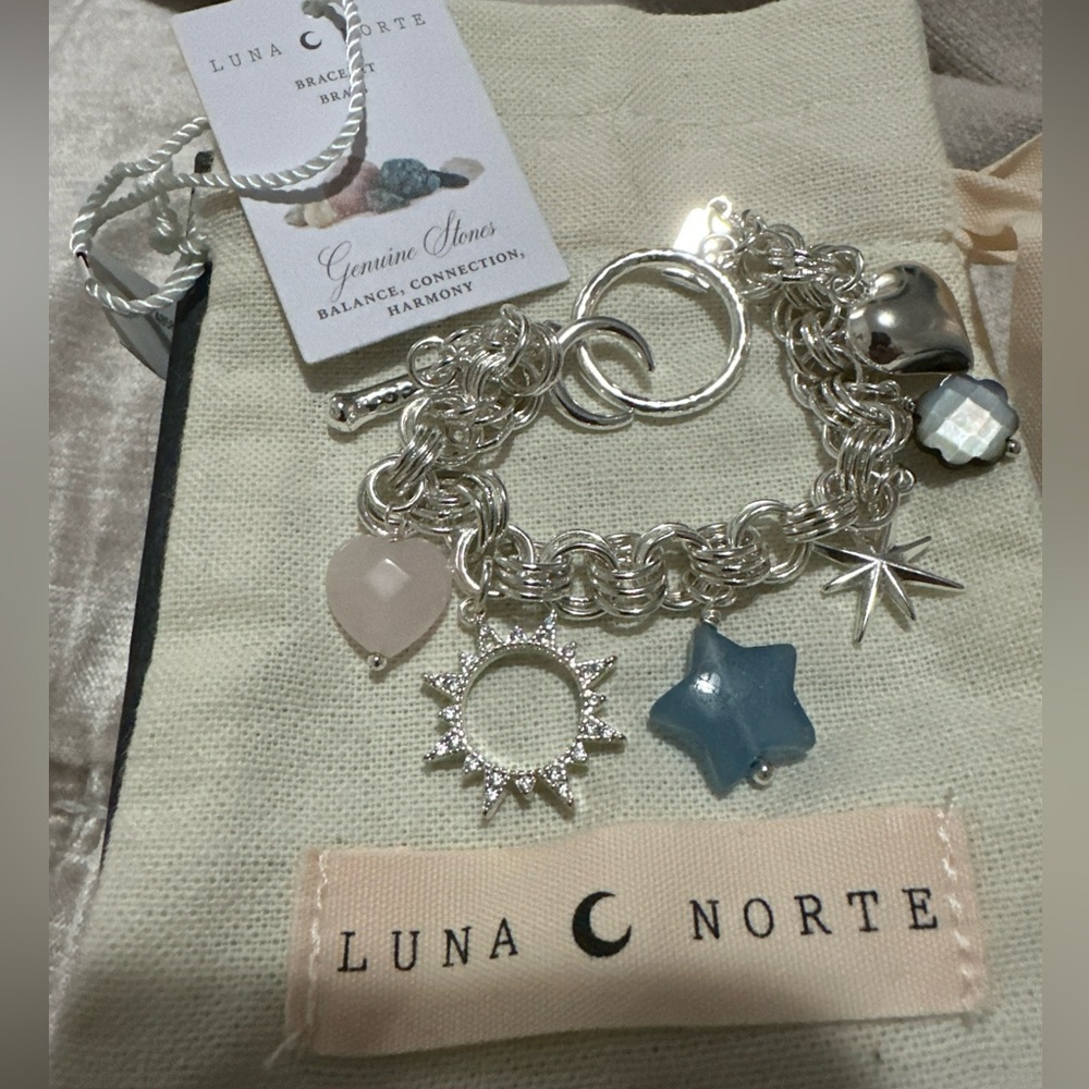 Luna Norte Silver Charm Bracelet w/Genuine Stones NEW
